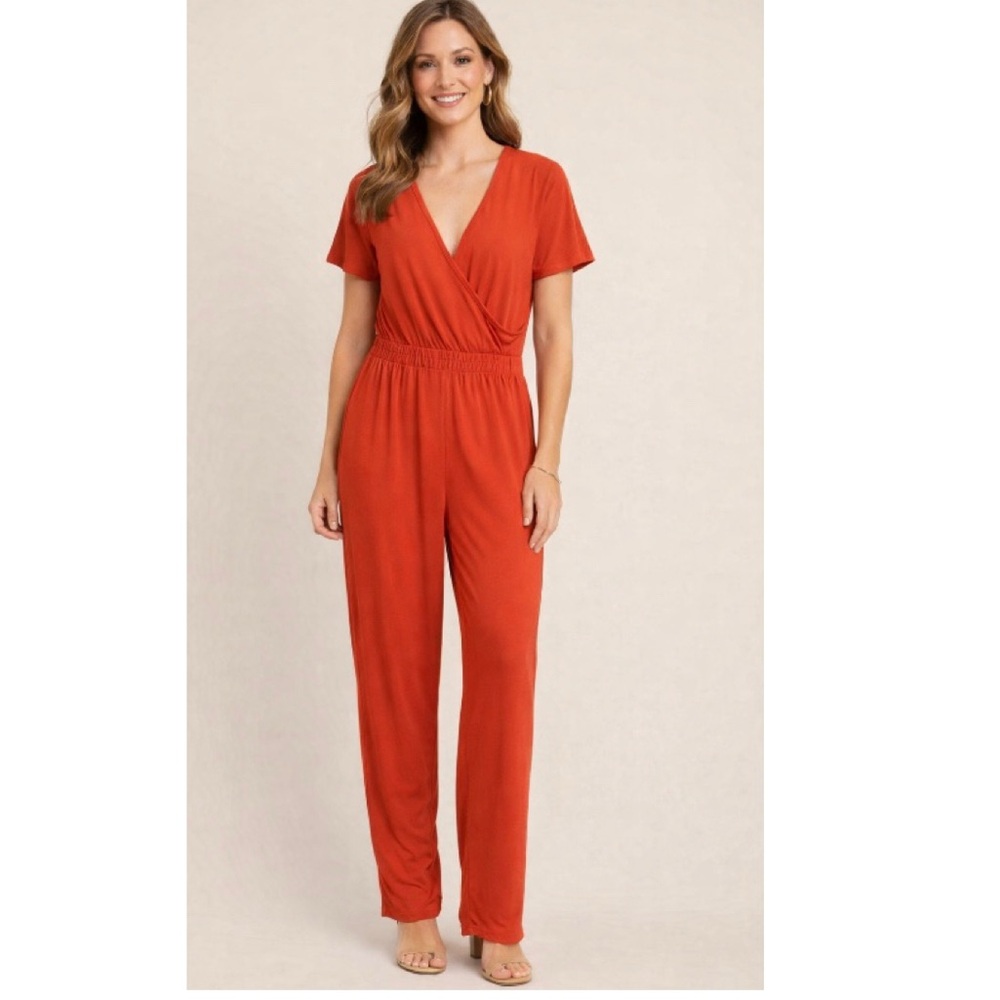 Trovare Red Surplice V-Neck Elastic Waist Jumpsuit NWT L